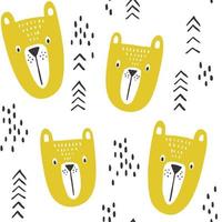 Bear vector pattern. Tribal hand drawn seamless background in black and yellow with doodle elements.