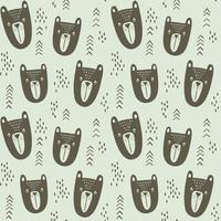 Bear head seamless vector pattern. Tribal hand drawn background with arrows and triangles in mint and brown.