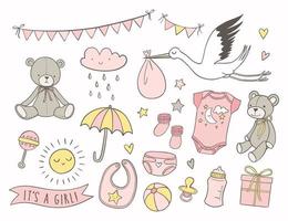 Girl baby shower. Set of hand drawn newborn items and elements. Invitations, cards, nursery decor.
