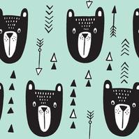Tribal bear pattern. Hand drawn vector seamless background with arrows and triangles in mint, black and white. Scandinavian style.