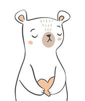 lindo personaje de oso sosteniendo un corazón. diseño de tarjeta de felicitación del día de san valentín dibujado a mano, invitación, afiche, diseño para ropa de niños. vector