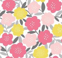 Trendy seamless repeat floral pattern. Vector print with simple modern flowers and leaves in pink, yellow and gray.