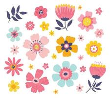 Cute colorful set of vector floral elements. Spring collection of flowers and plants in bright colors.