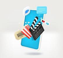 Using smartphone for entertainment. Concept with clap, ticket, chat bubble and camera icon. 3d vector illustration