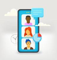 Using mobile phone for online video conference. Teamwork concept. 3d vector illustration