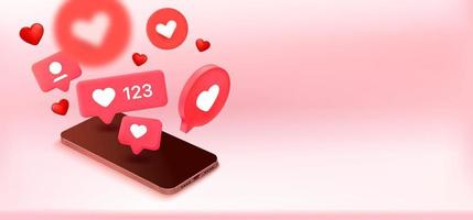 burbujas de notificación de redes sociales con corazones y teléfono móvil. Banner de vector 3d con espacio de copia