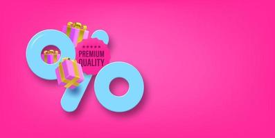 Shopping offer label with percentage sign and Premium quality sticker. 3d vector banner with copy space for a text