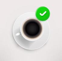 ceramic cup of coffee icon with checkmark. 3d vector icon