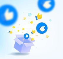 Open box with confetti and thumbs up symbols. 3d vector illustration