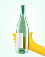 Man holding a full bottle of white wine in a green bottle. 3d vector illustration