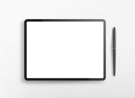 tableta moderna con pantalla en blanco y bolígrafo negro. ilustración de vector 3d plano laico aislado sobre fondo blanco
