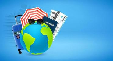 Summer vacation objects with the Earth. World travel concept. 3d vector banner with copy space