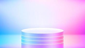 Empty studio with vivid hologram glow effect and round podium. Vector 3d illustration with copy space