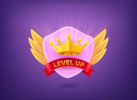 Level up concept. Rating badge 3d vector illustration with golden shield, ribbon and royal crown