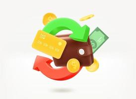 Cashback concept with money, wallet and arrows. 3d vector illustration