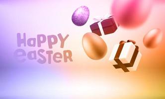 Gift boxes and eggs falling down. Levitation effect. Happy Easter card. 3d vector illustration