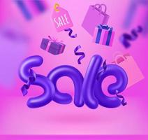 Pink room with bags, boxes, tags and ribbons. Season sale banner. 3d vector illustration