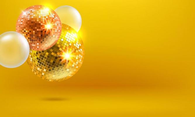 Glowing disco balls and spheres on yellow background. Vector 3d bsnner with copy space