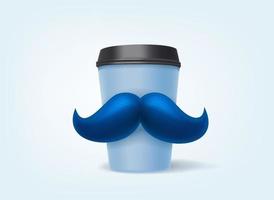 Paper coffee cup with blue moustache. 3D vector illustration