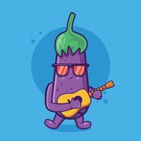 mascota de personaje de berenjena fresca tocando la guitarra dibujos animados aislados en diseño de estilo plano vector