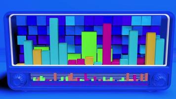 Old blue radio with yellow, green and magenta equalizer bars vibrating to the rhythm of the music on a blue background. 3d animation video