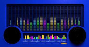 rádio com alto-falantes pretos com equalizador com barras magenta, amarelas e verdes vibrando ao ritmo da música em um fundo azul. animação 3D