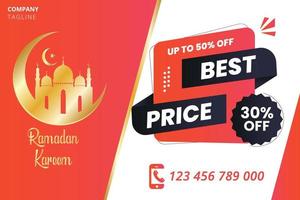 Ramadan Kareem sale offer banner design with ornament lantern moon background for promotion poster, social media template, discount, gift, voucher, web header and banner, greeting card of eid Mubarak vector