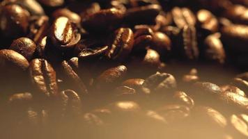 Macro shot of cup with hot coffee on roasted coffee beans in 4K video