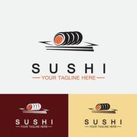 plantilla de logotipo de sushi. barra de ilustración de estilo de icono vectorial o tienda, sushi, rollo de salmón, sushi y rollos con barra de palillos o plantilla de logotipo de vector de restaurante