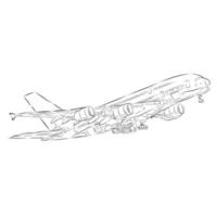 Drawing of a passenger plane with unmounted landing gear. The concept of aerial aviation. vector