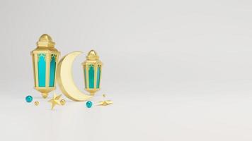 Islamic ramadan greetings, composition with 3d arabic lantern and crescent moon