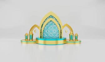 Islamic decoration ornament background with lantern. Design concept of ramadan kareem, iftar, isra miraj, eid al fitr adha, muharram, copy space text, 3D illustration. photo