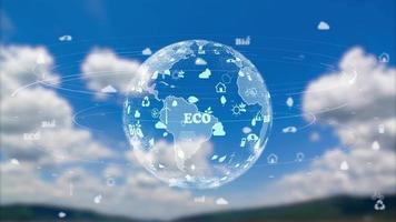 The earth with environment ecology sign hologram on cloud sky background.