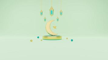 Islamic ramadan greetings, composition with 3d arabic lantern and crescent moon on podium photo