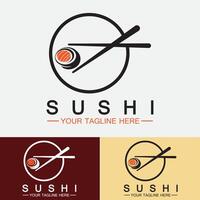 plantilla de logotipo de sushi. barra de ilustración de estilo de icono vectorial o tienda, sushi, rollo de salmón, sushi y rollos con barra de palillos o plantilla de logotipo de vector de restaurante