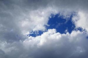Hole in the cloud. Glimpse of the sky in the clouds.Blue sky breaking through the clouds.A fragment of sky covered by thick rain clouds with a glimmer of blue sky. photo