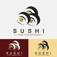 plantilla de logotipo de sushi. barra de ilustración de estilo de icono vectorial o tienda, sushi, rollo de salmón, sushi y rollos con barra de palillos o plantilla de logotipo de vector de restaurante