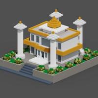 Representación 3d de voxel de la ilustración de la mezquita con un esquema de color verde, amarillo, blanco y gris. perfecto para eventos islámicos y carteles de tarjetas de felicitación foto