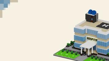 3D voxel rendering background of hospital building with white, blue, black, green and beige color scheme. Perfect for banner of hospital campaign program photo
