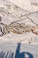 View of the city of Montana Pas de la Casa in the Pyrenees at the Grandvalira ski resort in Andorra.
