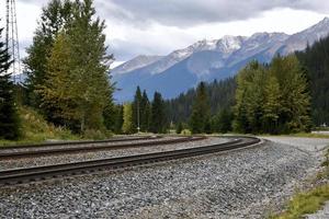 Las vías del tren se curvan alrededor de una curva en el campo, columbia británica foto