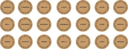 Vector set isolated food labels or stickers. Use to label kitchen food containers with spices. Labels, stickers, homemade stickers, botanical frame and spice name in English