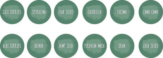 Vector set isolated food labels or stickers for nutritional supplements. Use to label kitchen food containers with spices. Labels, stickers,  frame and nutritional supplements name in English