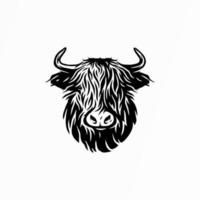 Vector Illustrated portrait of Highland cattle, cow. Cute head of Scottish cattle on white background. Design element for logo, poster, card, banner, emblem, t shirt. Vector illustration