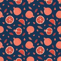 Pomegranate seamless pattern with seeds and leaves on blue background. Hand drawn Garnet ornament. Red tropical fruit texture for print, wallpaper cover, textile, juice package and interior design vector