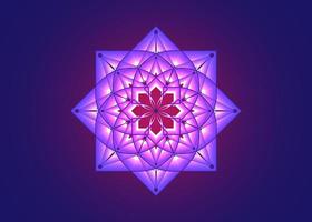 Purple lotus flower mandala, Seed of life symbol Sacred Geometry. Logo icon  Geometric mystic mandala of alchemy esoteric Flower. Vector light neon style divine meditative amulet isolated on blue