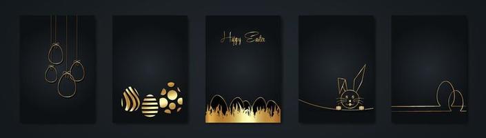 Set Happy Easter black cards, gold luxury style, golden Rabbit and Eggs, fashion design collection, outline drawing Easter Bunny greeting card, vector illustration background