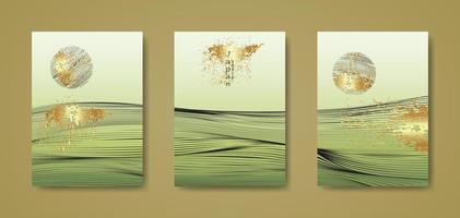 Japanese landscape background set cards black line wave pattern vector illustration. Gold green Abstract template geometric wavy texture. Mountain layout design in oriental style, vertical brochure