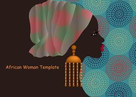 hermosa plantilla de retrato de mujer africana, turbante de tela con estampado de cera, peinado afro, envoltura de cabeza colorida vintage para cabello rizado afro, vector aislado en antecedentes tribales étnicos