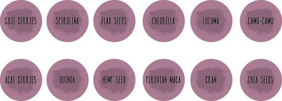 Vector set isolated food labels or stickers for nutritional supplements. Use to label kitchen food containers with spices. Labels, stickers,  frame and nutritional supplements name in English